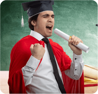 Graduate in red cap and gown holding diploma with excitement