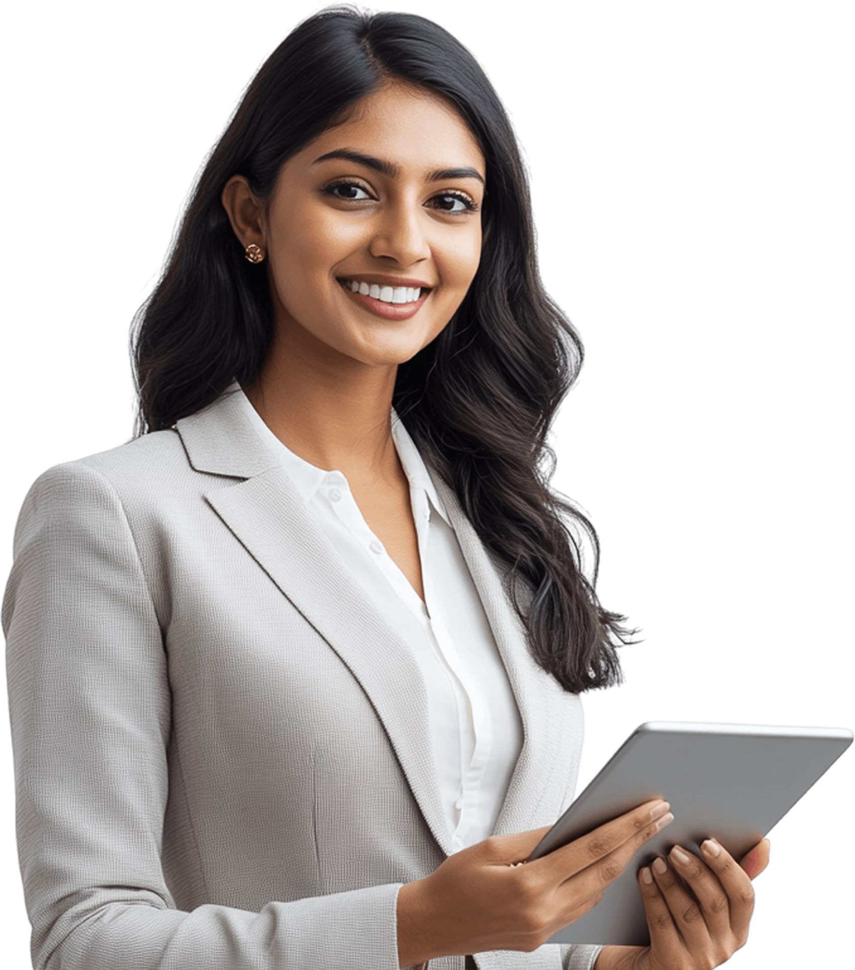 Professional woman in light suit holding tablet, smiling
